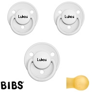 Bibs de LUX Schnuller mit Namen, Rund, Latex, Gr. 1, (White - FK), 3'er Pack